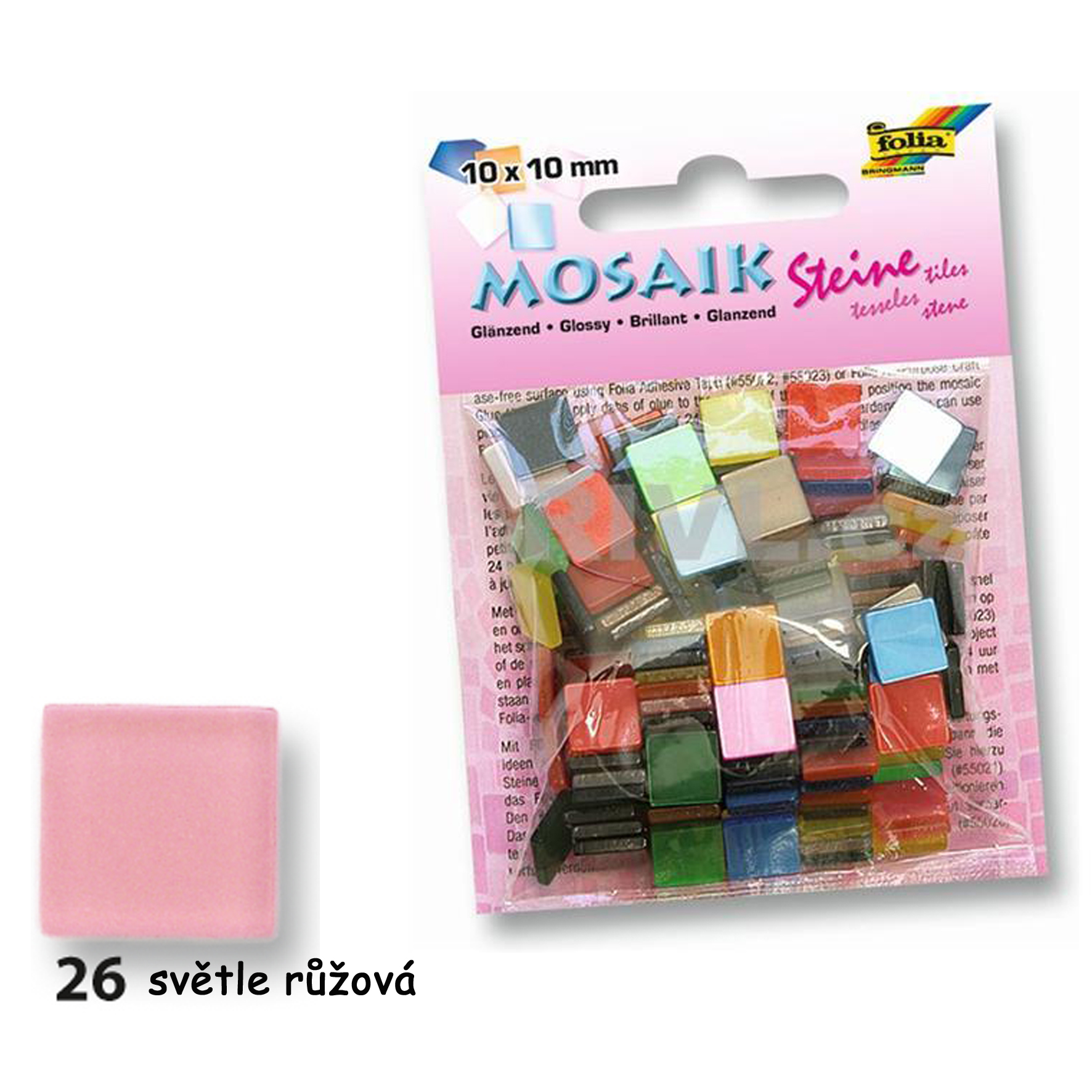 Mozaikové kamínky lesklé 10x10 mm 190 kusů - SVĚTLE RŮŽOVÁ