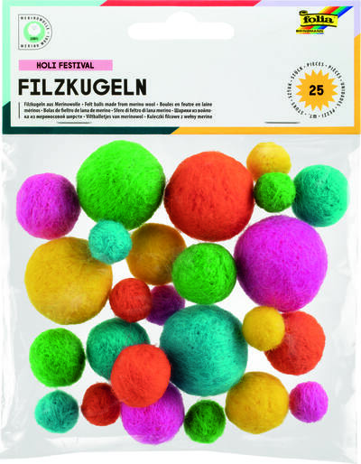 Plstěné kuličky z merino vlny – Syté barvy – 25 ks – průměr 1–3 cm